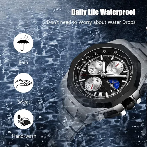 Vista 6 de RORIOS Elegante reloj de pulsera analógico de cuarzo con correa de acero inoxidable, cronógrafo multifunción para hombre
