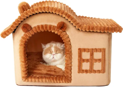 Vista 10 de Jiupety Casas de Gatos con Forma de Oso para Gatos de Interior, Cueva de Cama para Gatos Linda con Chimenea, Suficiente Espacio Interior, Casa Suave