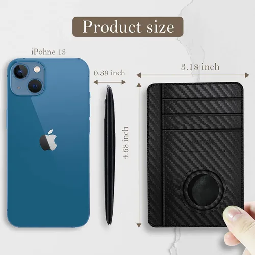 Vista 7 de Aunote Billetera AirTag de piel auténtica con bloqueo RFID, bolsillo con caja de regalo para hombres y mujeres, de fibra de carbono, Negro