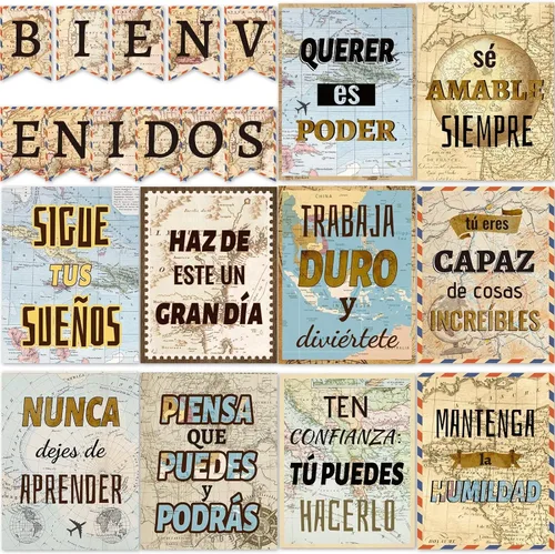 Vista 9 de gisgfim 21 pósteres inspiradores españoles de Bienvenidos, color negro, colorido, motivacional, juego de tablones de anuncios para el aula, oficina
