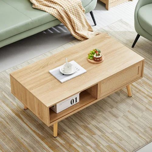 Vista 3 de Mid Century Modern Coffee Table with Storage, 41.3 Inch Rectangle Wooden Accent Center Tables with Sliding PE Rattan Woven Door Panel and Solid Wood