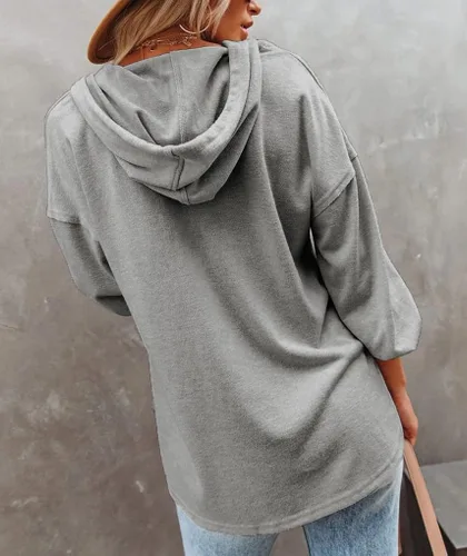 Vista 4 de REVETRO Camisas Henley de manga larga con cuello en V para mujer, sudaderas con capucha y cordón