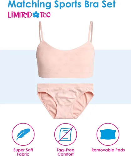 Vista 2 de Limited Too Conjunto de sujetador de entrenamiento a juego para niñas, conjunto de 6 piezas de bralette deportivo sin costuras y calzones (S-L)