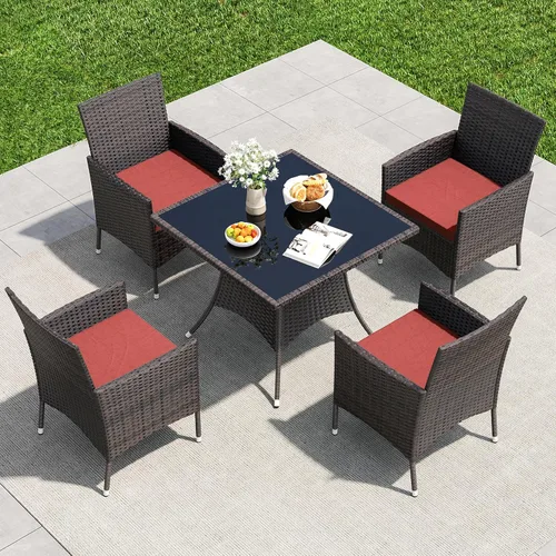 Vista 16 de Juego de 10 piezas de comedor para patio al aire libre, mesa de patio y sillas de ratán con agujero para paraguas, juego de mesa de comedor para 8
