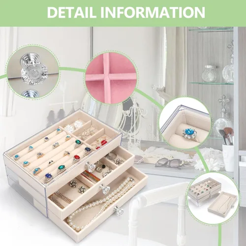 Vista 4 de Organizador de joyas de acrílico, caja organizadora de almacenamiento de cosméticos de maquillaje, caja de joyería transparente con 3 cajones, caja