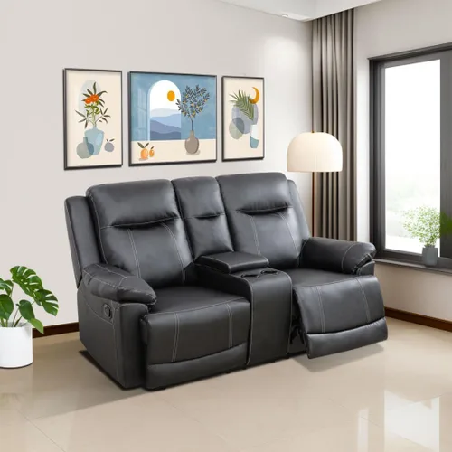 Vista 3 de Juego de sofá reclinable de cuero, juego de sofá manual de cuero regenerado para sala de estar, juego de muebles de sala con consola de Negro