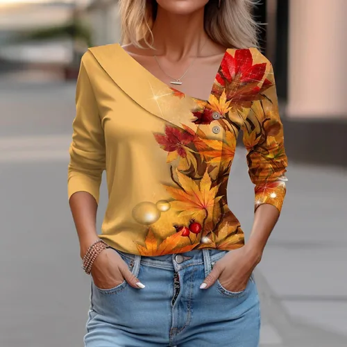 Vista 2 de Blusas sueltas de manga larga con cuello en V para mujer, estampado floral, cuello de solapa, asimétrica, con botones, para otoño 2023