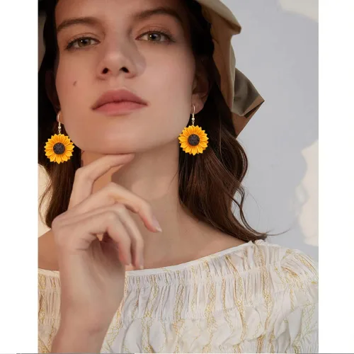 Vista 3 de ANXIN STORE - Colgante único de girasol 3D simple para mujeres y niñas, esmalte amarillo margarita girasol, aretes de personalidad, regalos