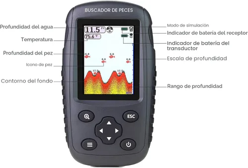 Vista 3 de ecosonda portátil recargable, sensor de sonar inalámbrico, localizador de profundidad con tamaño de los peces, contorno del fondo, pantalla LCD a