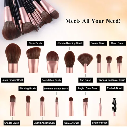 Vista 4 de Juego de 16 brochas de maquillaje sintéticas de alta calidad con brochas de base profesionales, correctores de polvo, sombras de ojos, rubor Negro