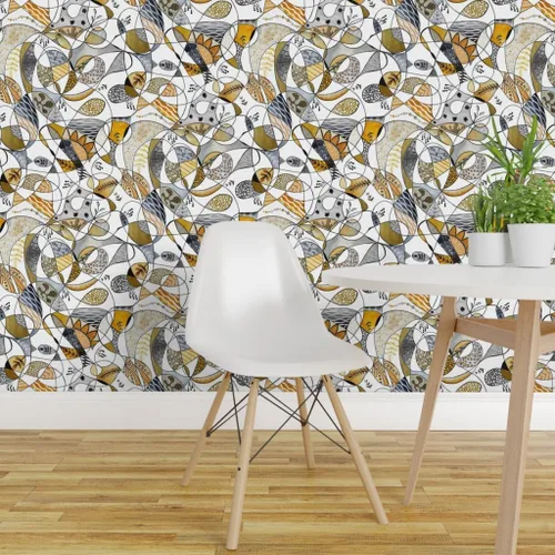 Vista 3 de Muestra de papel tapiz extraíble - Línea Gris Amarillo Grande Negro Blanco Hojas Círculos Puntos Papel pintado personalizado pre-pegado por