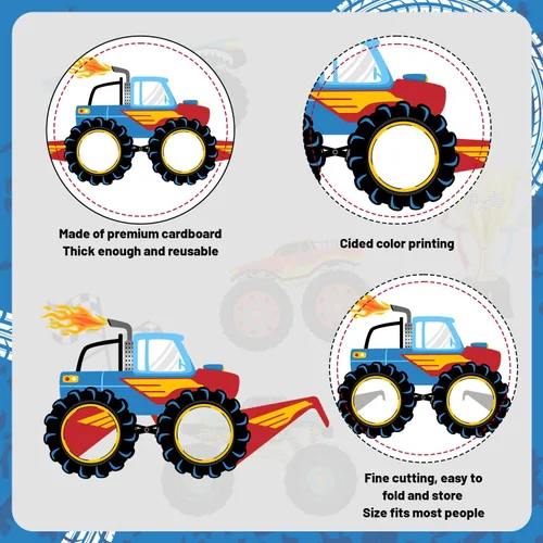Vista 3 de 24 lentes de papel Monster Truck Monster Truck para fiestas, suministros de fiesta de cumpleaños, regalos para cabina de fotos