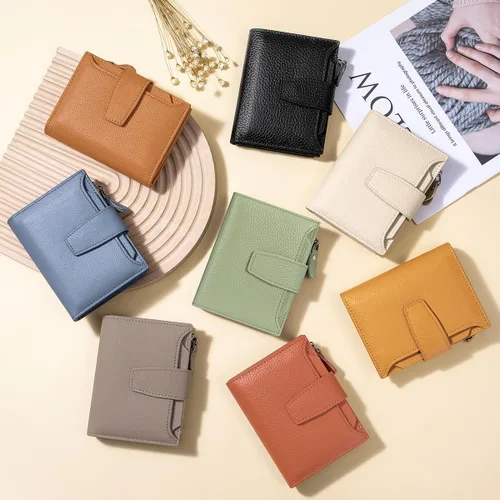Vista 8 de Cartera de piel plegable con bloqueo RFID para mujer, tarjetero compacto con bolsillo con cremallera para monedas y 4 ventanas de identificación