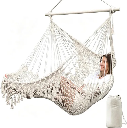 Vista 13 de Chihee Hamaca Silla de malla tejida hecha a mano Asiento colgante Barra esparcidora de metal