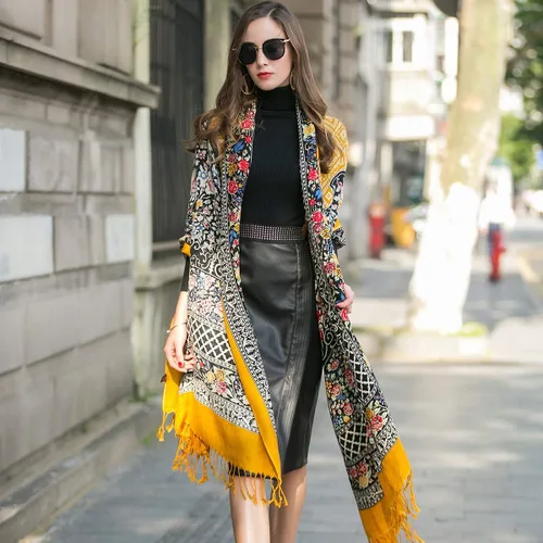 Vista 2 de DANA XU 100% pura lana merino extra grande pashmina cachemira bufanda chal y envoltura para mujeres invierno manta floral de gran