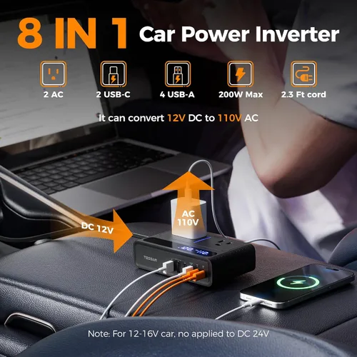 Vista 2 de TESSAN - Inversor de corriente para automóvil de 200 W, convertidor de 12 V CC a 110 V CA con 2 salidas de CA y 6 puertos USB con USB de 36 W