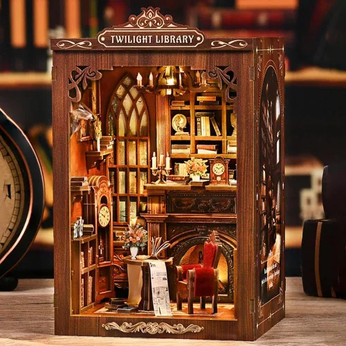 Vista 2 de Kits de rincón de libros para adultos, rompecabezas de madera 3D para casa de muñecas, estantería en miniatura para casa de muñecas, decoración