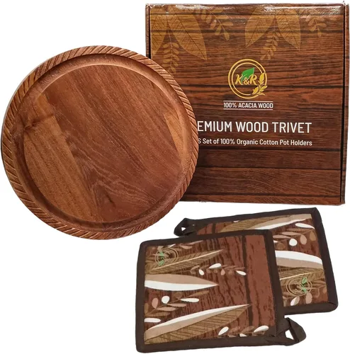 Vista 3 de K & R Salvamanteles de madera para ollas y sartenes calientes, tabla de cortar de acacia reversible de 10 x 10 pulgadas y bandeja para servir