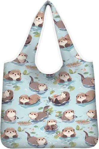 Vista 17 de Belidome Bolsa de comestibles con diseño de donas de ajolotl para compras, lavable, reutilizable, con bolsillo para asa