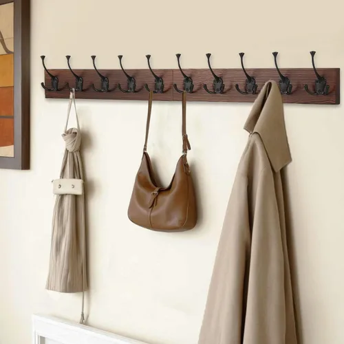 Vista 3 de IBosins Perchero de pared de 34'' con 10 ganchos tri-decorativos, colgador de abrigos de madera resistente, barra de ganchos rústicos para entrada