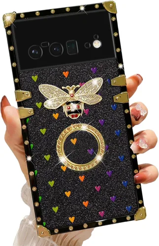 Vista 12 de nancheng Funda para Google Pixel 6 de lujo, diseño de abeja, corazón y abeja, chapado en oro, con anillo de diamante de 360°, correa de cordón
