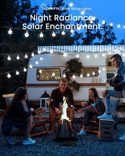 Vista 6 de LORRYTE Tira de luces solares para exteriores, 50 luces LED de 32 pies, impermeables, con energía solar, luces de globo de cristal para exteriores