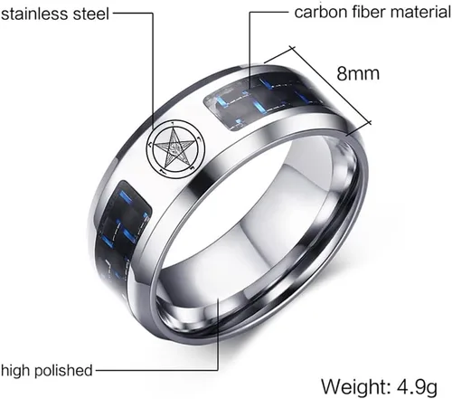 Vista 4 de Iglesia de Satanás Joyería Leviatán Cruz Satánica Símbolo Anillo Acero Inoxidable Fibra de Carbono Incrustación Banda para Hombres