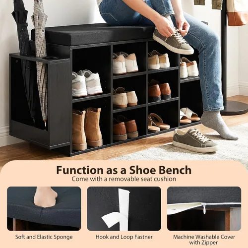 Vista 7 de Tangkula Banco de almacenamiento de zapatos con soporte para paraguas, organizador de zapatos de 40 pulgadas con asiento acolchado, 10 cubos y Negro