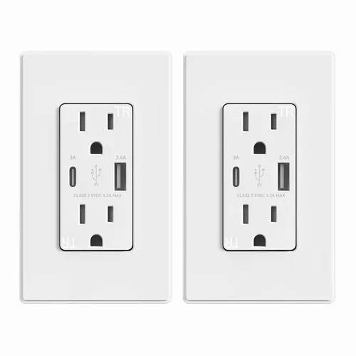 Vista 55 de ELEGRP Cargador USB de pared, receptáculo USB con puertos USB tipo A y tipo C, enchufe dúplex de 15 amperios resistente a manipulaciones NEMA 5-15R