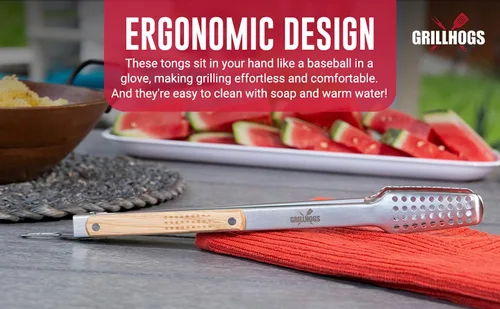 Vista 3 de Pinzas para barbacoa de acero inoxidable 18/0 de 9 pulgadas con mango ergonómico de madera de roble real para cocinar, accesorio duradero