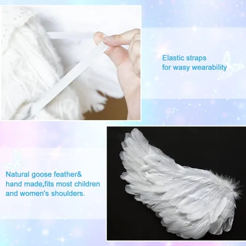 Vista 5 de Alas de ángel para adultos, alas de ángel y halo para niños y mujeres, alas de plumas, disfraz de Halloween para niños