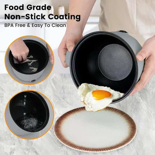 Vista 4 de Olla eléctrica caliente con vaporizador, cocina rápida de ramen, mini olla eléctrica de autocalentamiento portátil de 1.8L para cocinar fideos, Gris