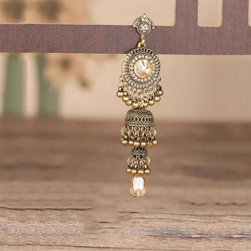 Vista 6 de Jhumka Jhumki - Aretes colgantes de borla vintage con cuentas étnicas indias, bolas de campana, aretes tradicionales oxidados antiguos para mujeres