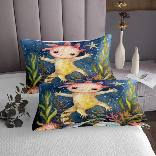 Vista 5 de Erosebridal Lindo juego de colcha de ajolote para niños, juego de edredón de salamanda de dibujos animados de 2 piezas para niños y niñas, colcha