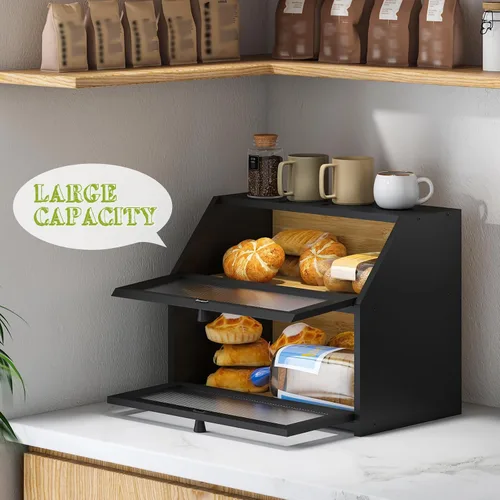 Vista 6 de BMOSU Panera grande de doble capa para encimera de cocina, almacenamiento de madera de bambú (negro)