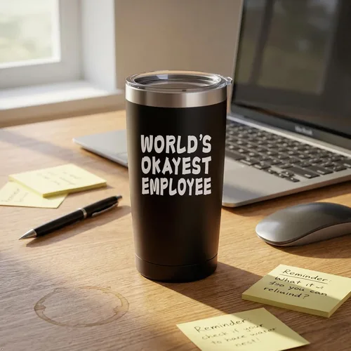 Vista 3 de ARIABLE World's Okayest Employee - Vaso de acero inoxidable de 20 onzas, grabado con láser, divertido regalo para empleados, taza de café aislada al