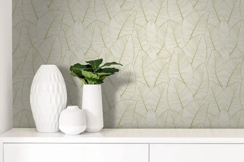 Vista 2 de Casa Mia Rollo de papel tapiz de vinilo con hojas metálicas tropicales para despegar y pegar (cubre 30.75 pies cuadrados) (dorado)