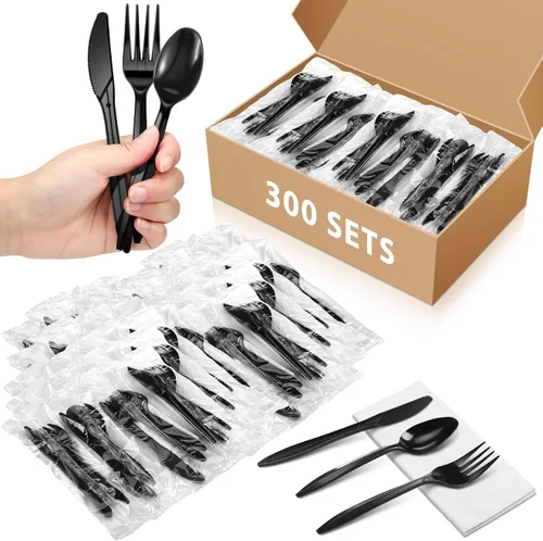 Vista 4 de Uiifan 1 juego de cubiertos de plástico envueltos individualmente, cubiertos desechables a granel, tenedor, cuchara, servilleta kit para salón