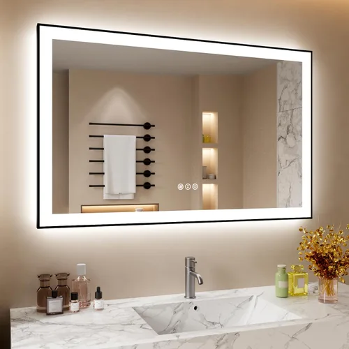 Vista 38 de Espejo de baño LED de 24x28 pulgadas con marco negro, espejos de baño retroiluminados y con luz frontal para pared, antiempañamiento, regulable
