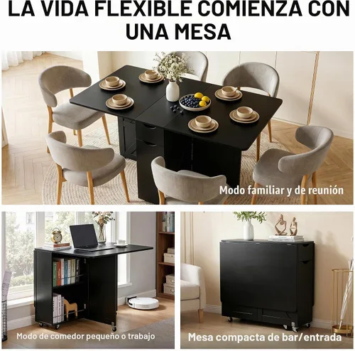 Vista 4 de Mesa de comedor plegable con cajón y estantes de almacenamiento, mesa de comedor plegable de 53" que ahorra espacio con 6 ruedas, mesa de hoja