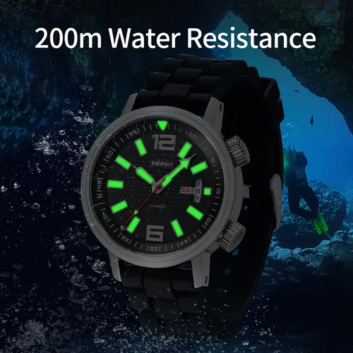 Vista 7 de BERNY Reloj de buceo mecánico automático para hombre, cuerda automática, correa de silicona, impermeable, 20ATM, cristal de zafiro, resistente a