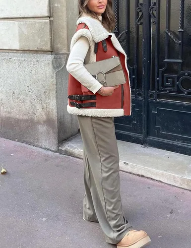 Vista 7 de APAFES Chaleco de gamuza de piel de invierno para mujer, cuello alto, sin mangas, forro polar