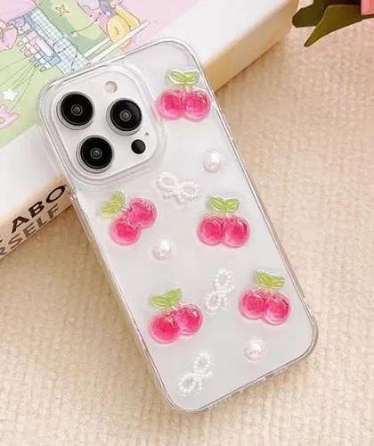 Vista 6 de Blingy's Funda para iPhone 14 Pro Max, bonito patrón de cerezas, estilo tropical, funda protectora transparente de TPU suave transparente de 6.7