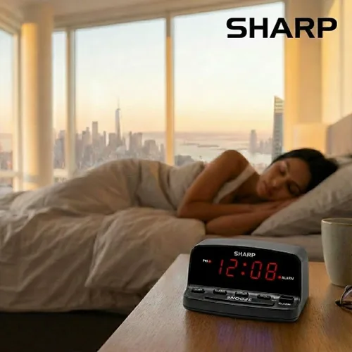 Vista 6 de Sharp Reloj despertador digital con controles de estilo de teclado, respaldo de batería, fácil de usar con operación simple, caja negra con pantalla
