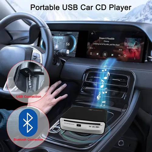 Vista 2 de Reproductor de CD portátil para coche con Bluetooth y conexión USB, reproductor de CD USB externo universal para sistemas de audio