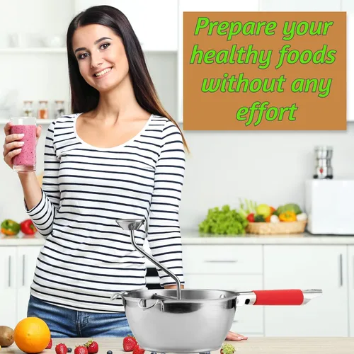 Vista 2 de Molino de alimentos de acero inoxidable – 3 discos de molinillo de alimentos – Enricer de patatas para puré de papas – Manivela de mano