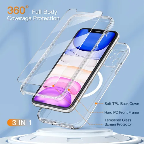 Vista 5 de COOLQO - Funda magnética para iPhone 11 con protectores de pantalla, compatible con MagSafe, protección contra caídas de grado militar, funda