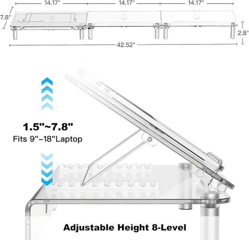 Vista 2 de Soporte doble de acrílico transparente para escritorio, soporte ajustable para laptop, soporte ergonómico para computadora de escritorio adecuado