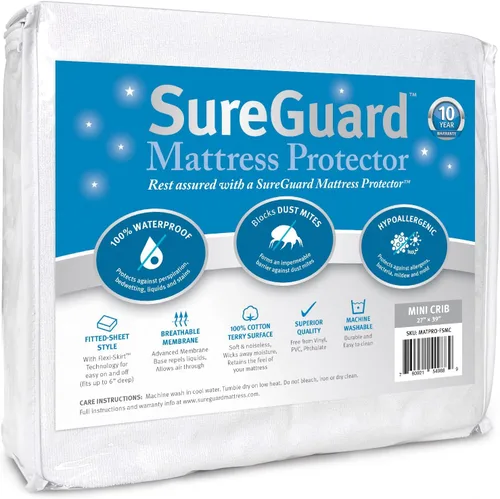 Vista 9 de Protector de colchón de SureGuard, 100% impermeable, hipoalergénico, de algodón de primera calidad, gemelo, Blanco