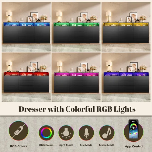 Vista 4 de Cómoda de 9 cajones con toma de corriente, cómoda moderna con luz LED, soporte de TV de madera, organizador de aparadores doble ancho para armario